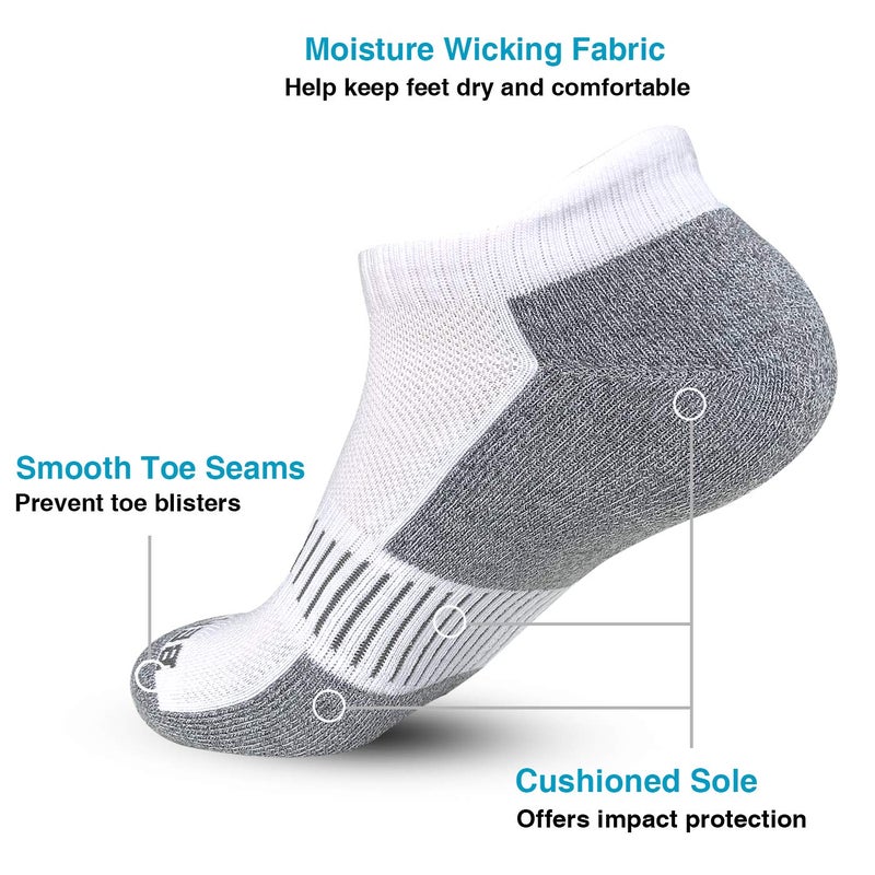 BERING Men's Athletic Running Ankle Socks Cushioned Heel Tab, Size 9-12, White, 6 Pairs - Image 3